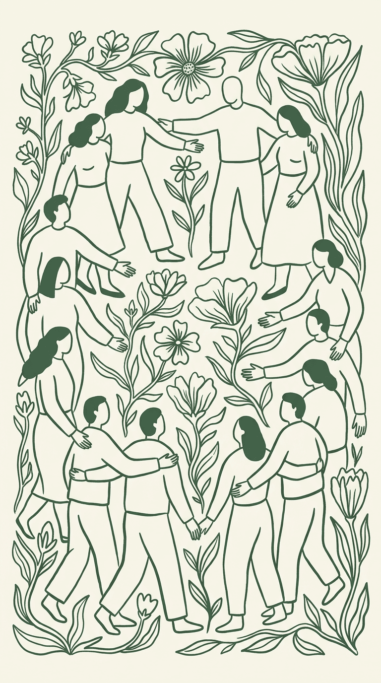 Folk-art illustration of abstract figures gathering in a welcoming circle with botanical elements